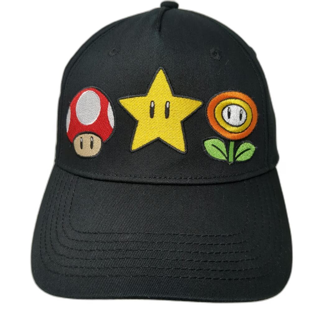 Super Mario 5 Panel Black One Size Snapback Mushroom Star Fire Flower Icons Hat